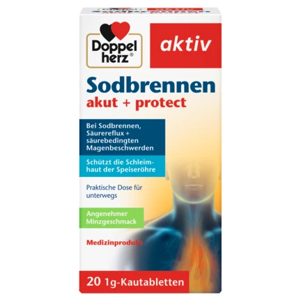 Abbildung der Produktverpackung Doppelherz aktiv Sodbrennen akut + protect Frontansicht
